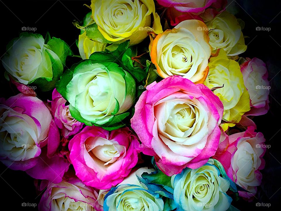 Multicolored roses in a delightful bouquet.