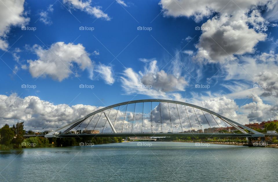 View of La Barqueta bridge. View of La Barqueta bridge in the foreground and Alamillo bridge in the background, Sevilla