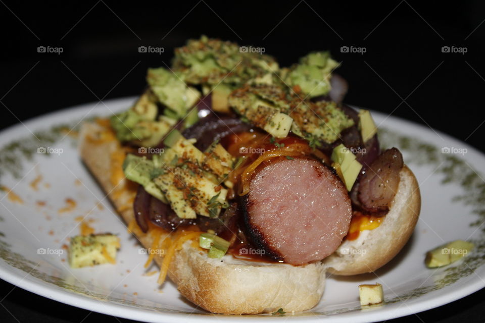 kielbasa sausage, glazed red onions, sharp cheddar cheese, avocado