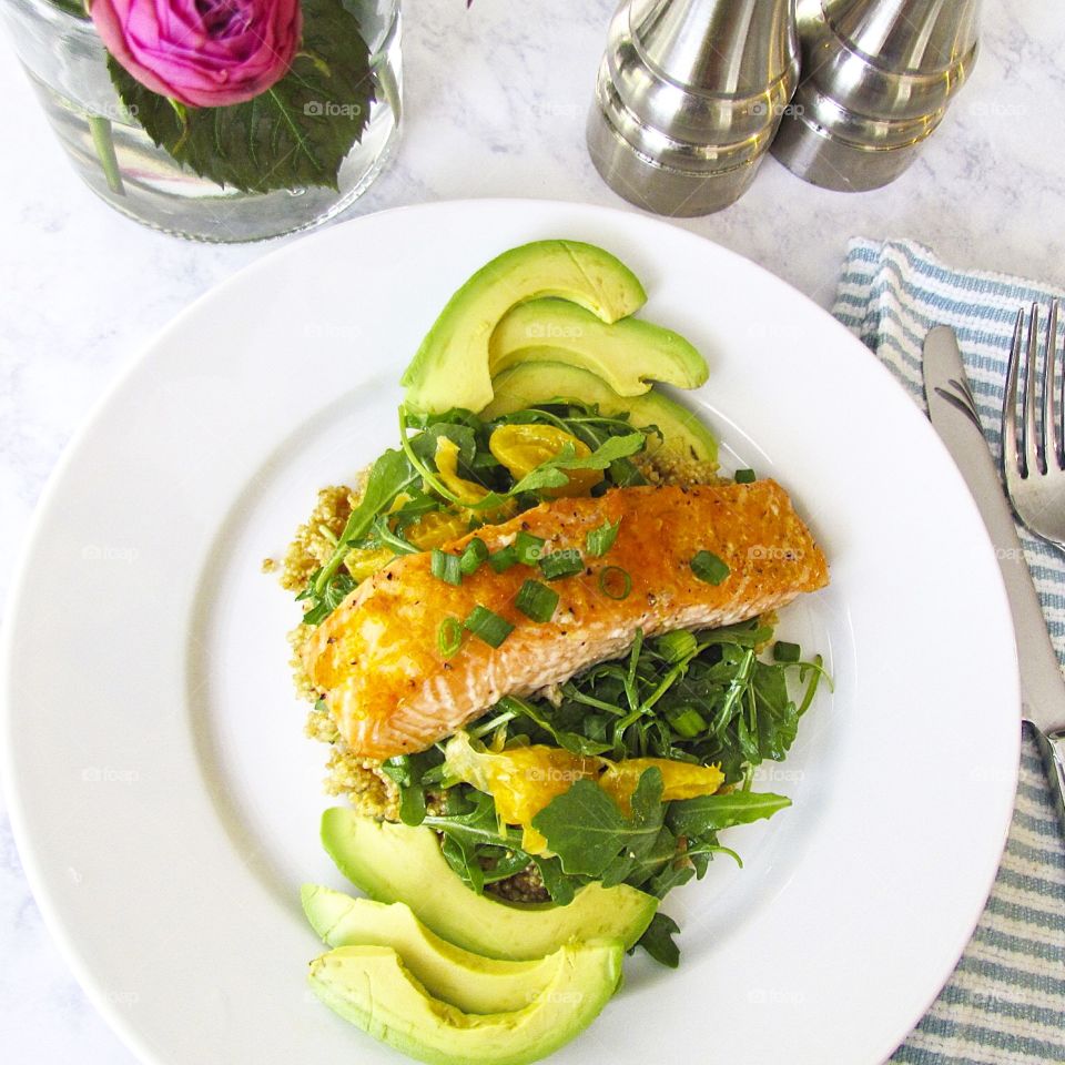 Roasted Salmon with Tangelo Quinoa and Arugula Salad