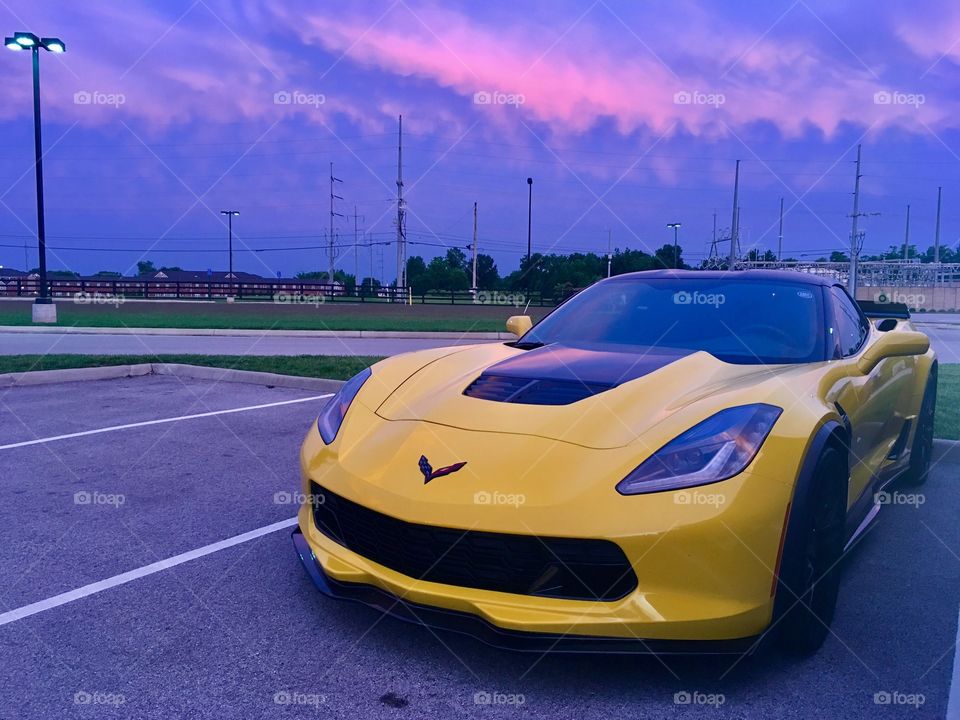 2015 corvette Z06 in velocity yellow with a crazy purple early summer sky in Bowling Green kentucky