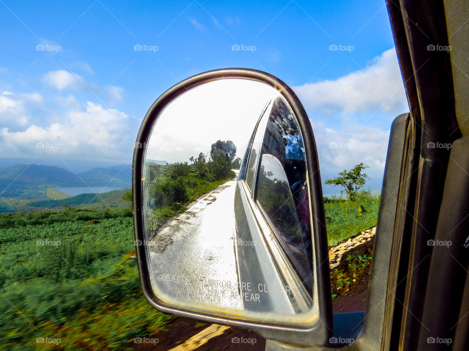 car rearview mirror with wonderful landscape