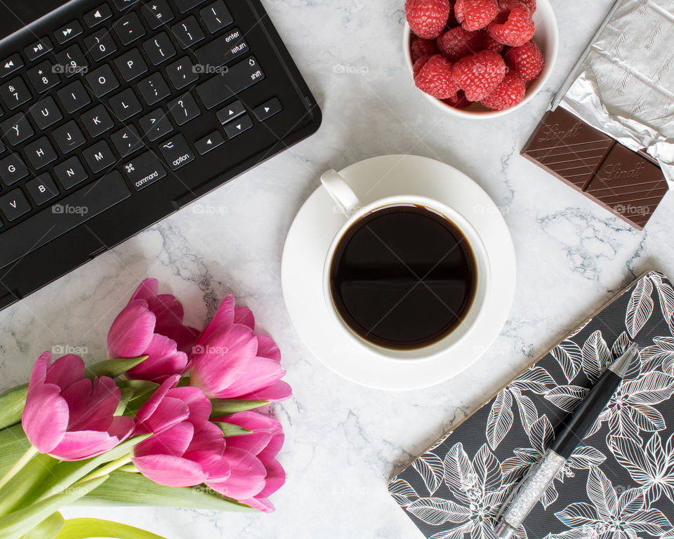 Home office coffee flatlay