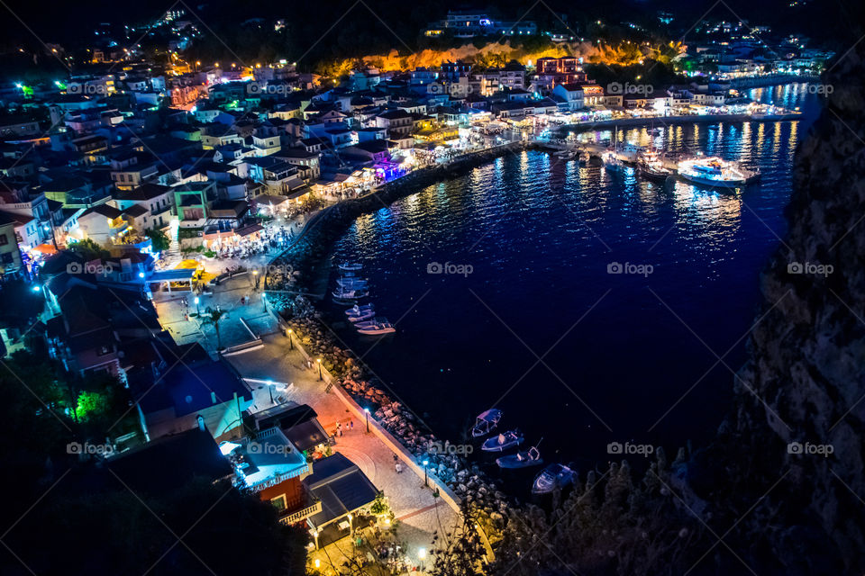 The Harbor Of Beautiful Parga Village By Night In Greece,Epirus Region