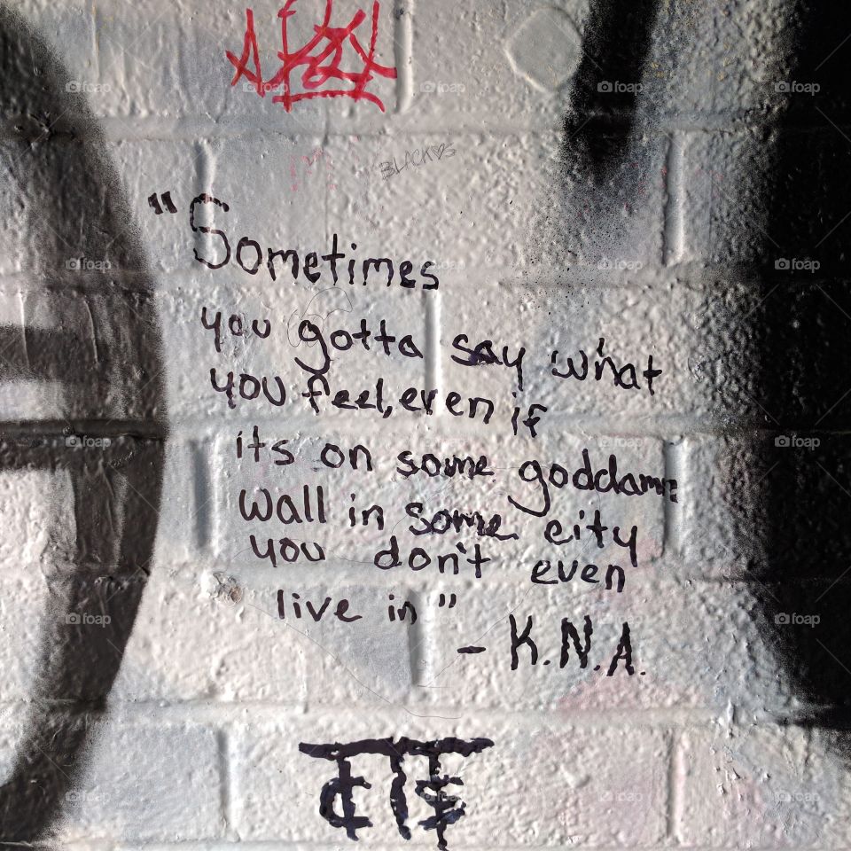 A quote randomly scribbled on a wall in Ann Arbor Michigan. The quote is on a wall covered in grafitti in the heart of downtown. The grafitti is always changing on every visit to the city.