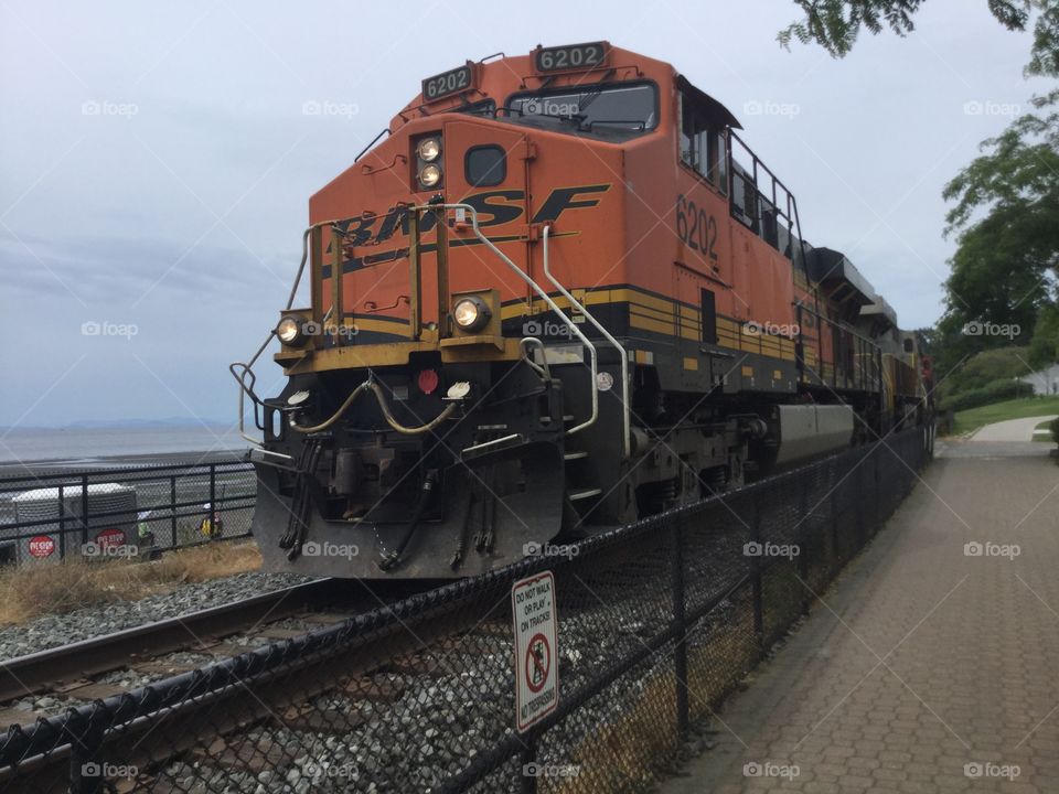 Train traveling through White Rock, British Columbia 