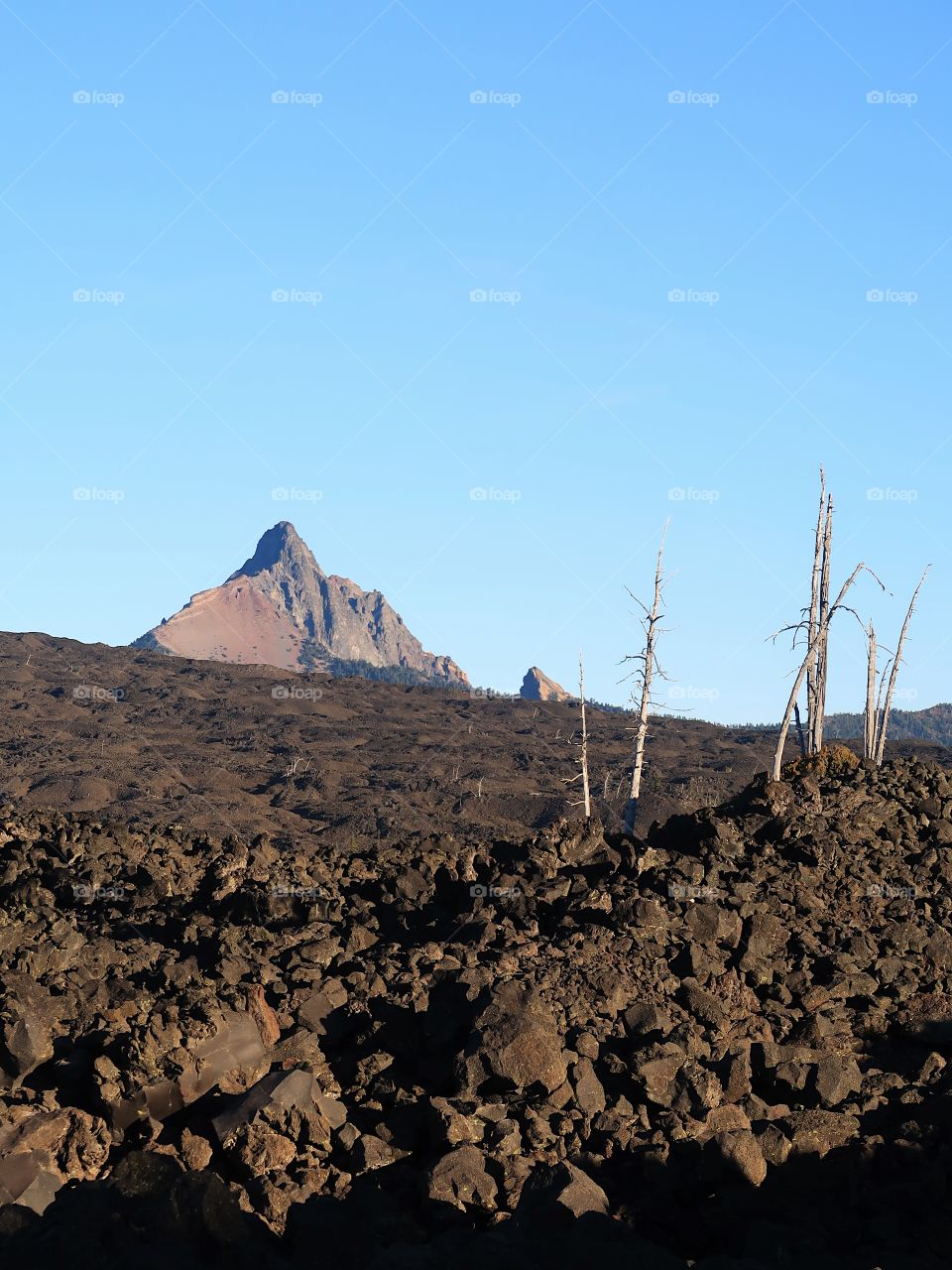 A vast lava rock field leads to the jagged peak of Mt. Washington in Oregon’s Cascade Mountain Range on a sunny fall morning with clear blue skies. 