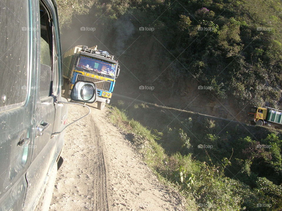 Volvo extreme . Truck on death road in Bolivia