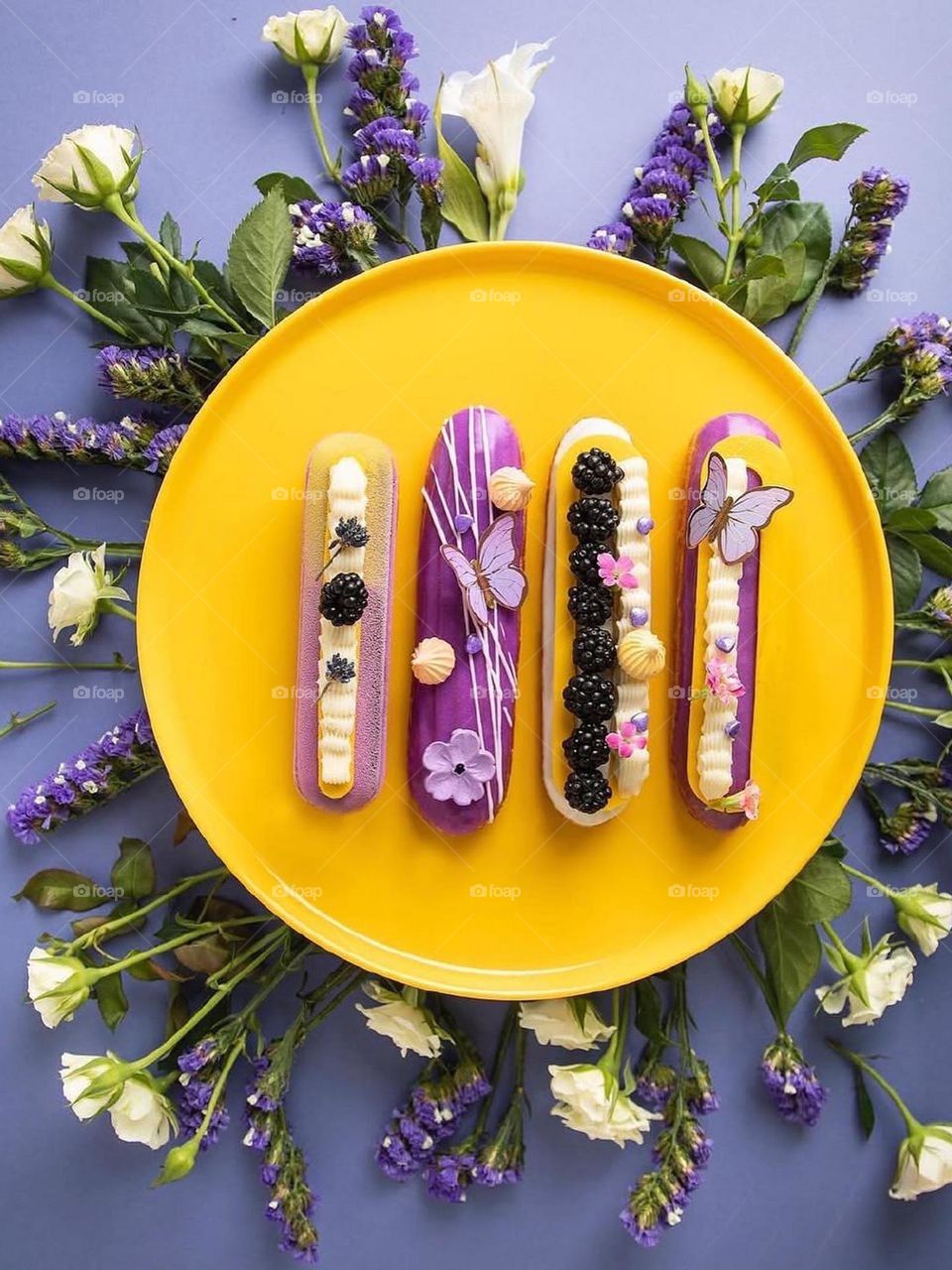 A deep purple, can be complemented by a soft yellow and they can make eclairs more tasty and delightful..
