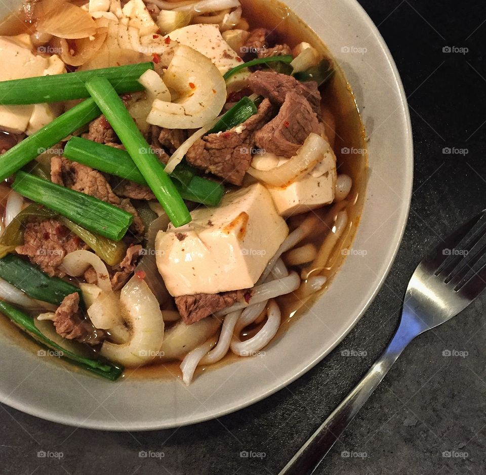 Beef Soba Noodle with beancurd. 