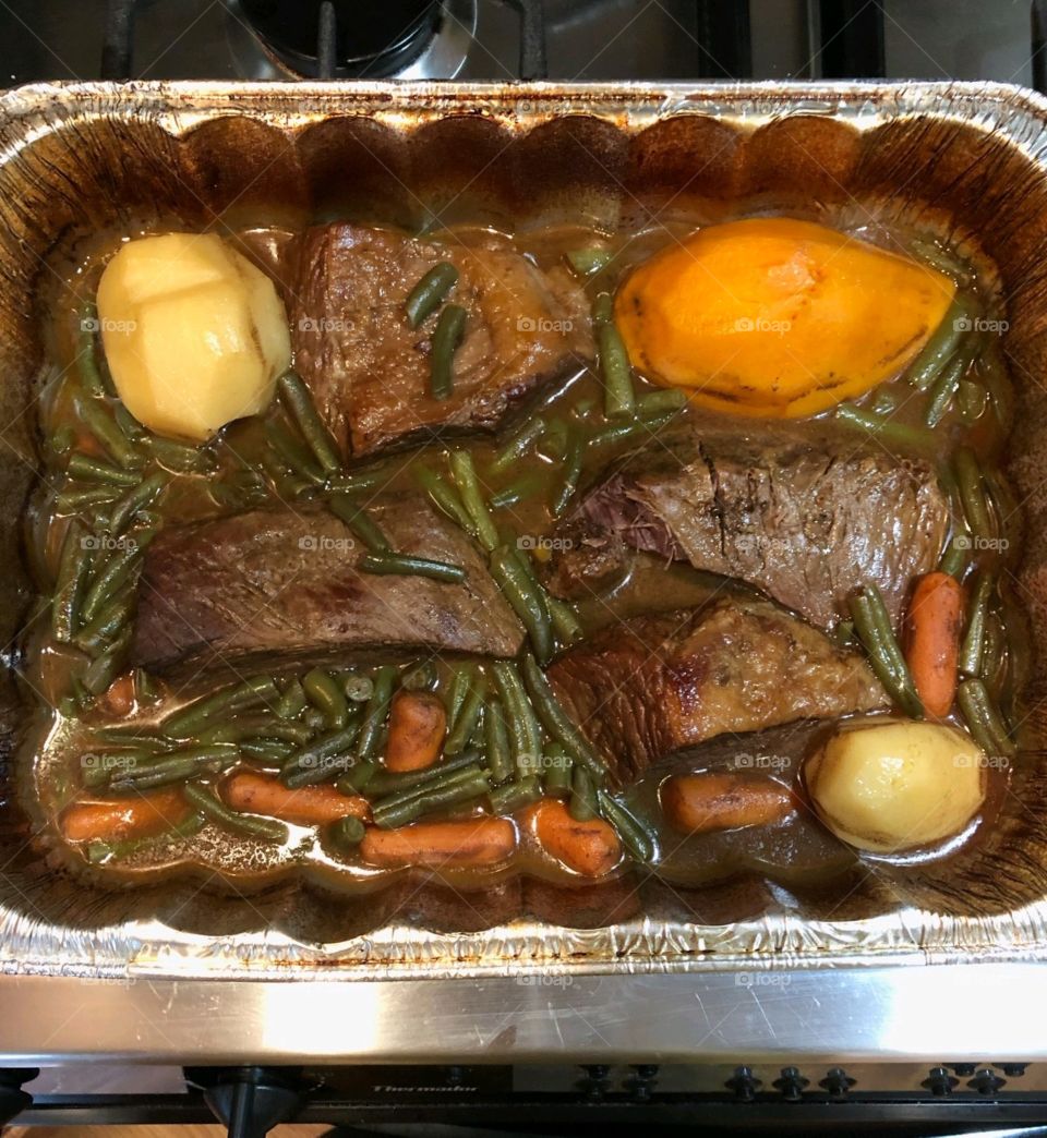 Pot Roast dinner, hot oven baked dinner ready to eat.