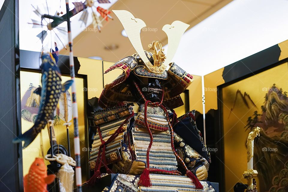 Japanese Samurai armor. Samurai is a Japanese warrior. It is setting up for display on the Boy's day festival, annually held on the 5th of May in Japan. This samurai armor is a symbolize of strength.