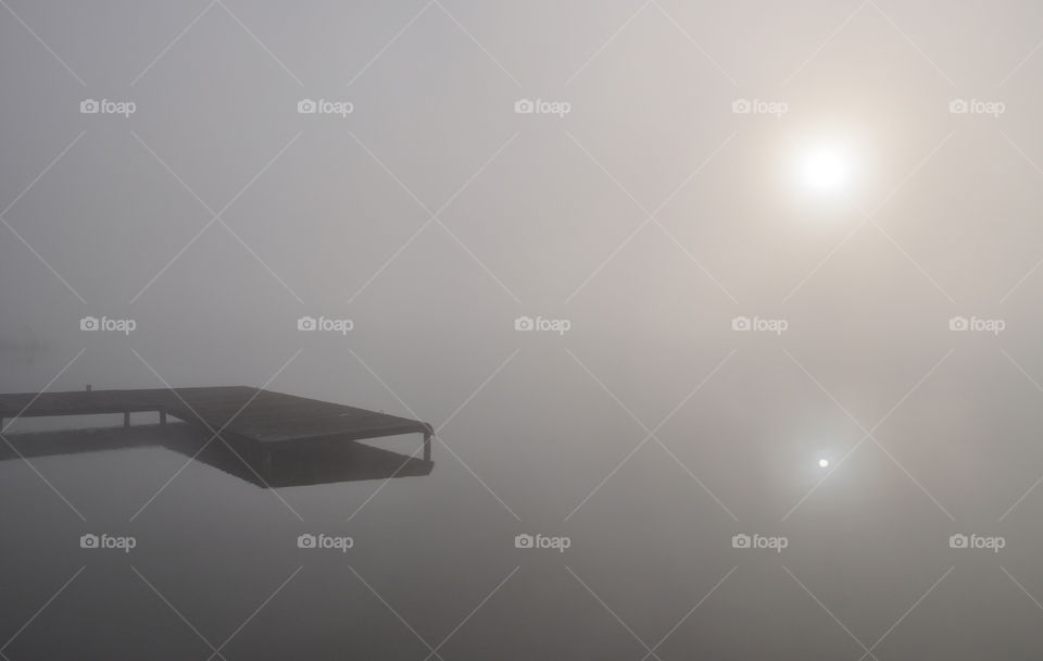 foggy morning at the lake in polish countryside