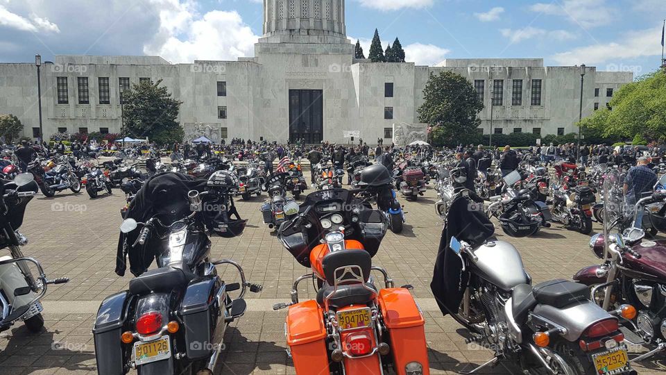 Bikers protesting in the Oregon State capitol which is located in Salem.