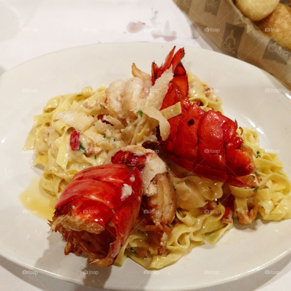Close-Up of pasta with lobster on plate