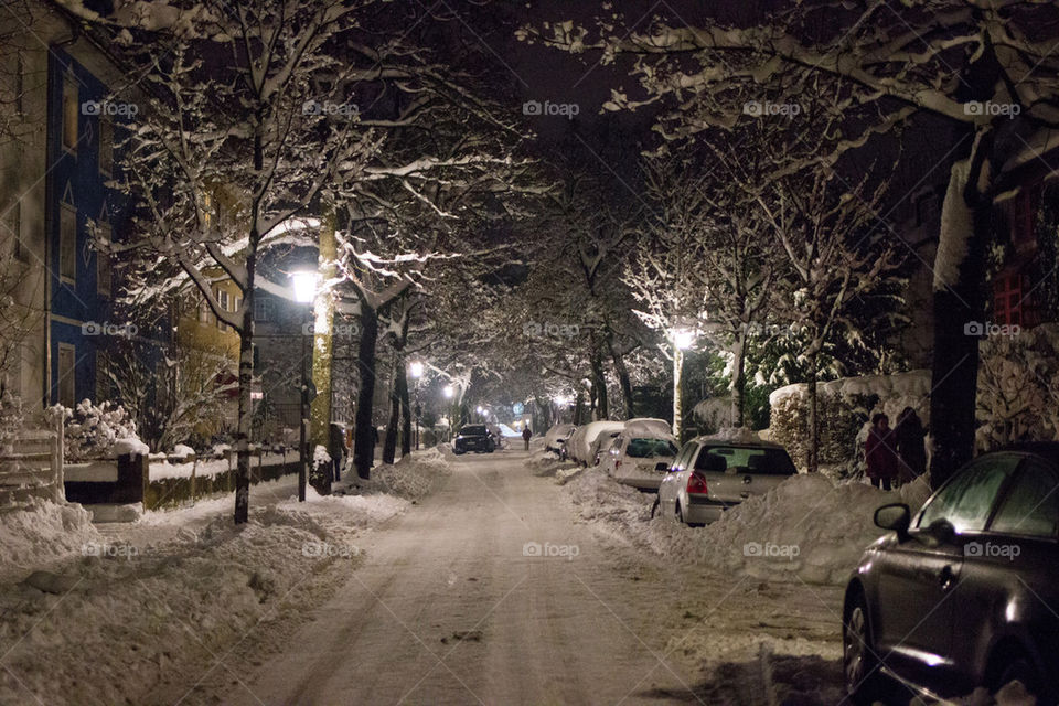 View of a city during winter at night