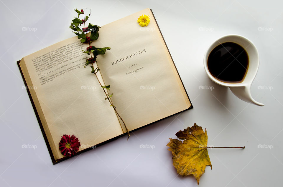 morning black coffee with a book