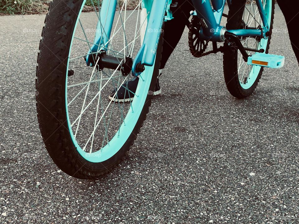 Bicycle Ride, Child Taking A Break On The Asphalt Road On Blue Bike Outside. 