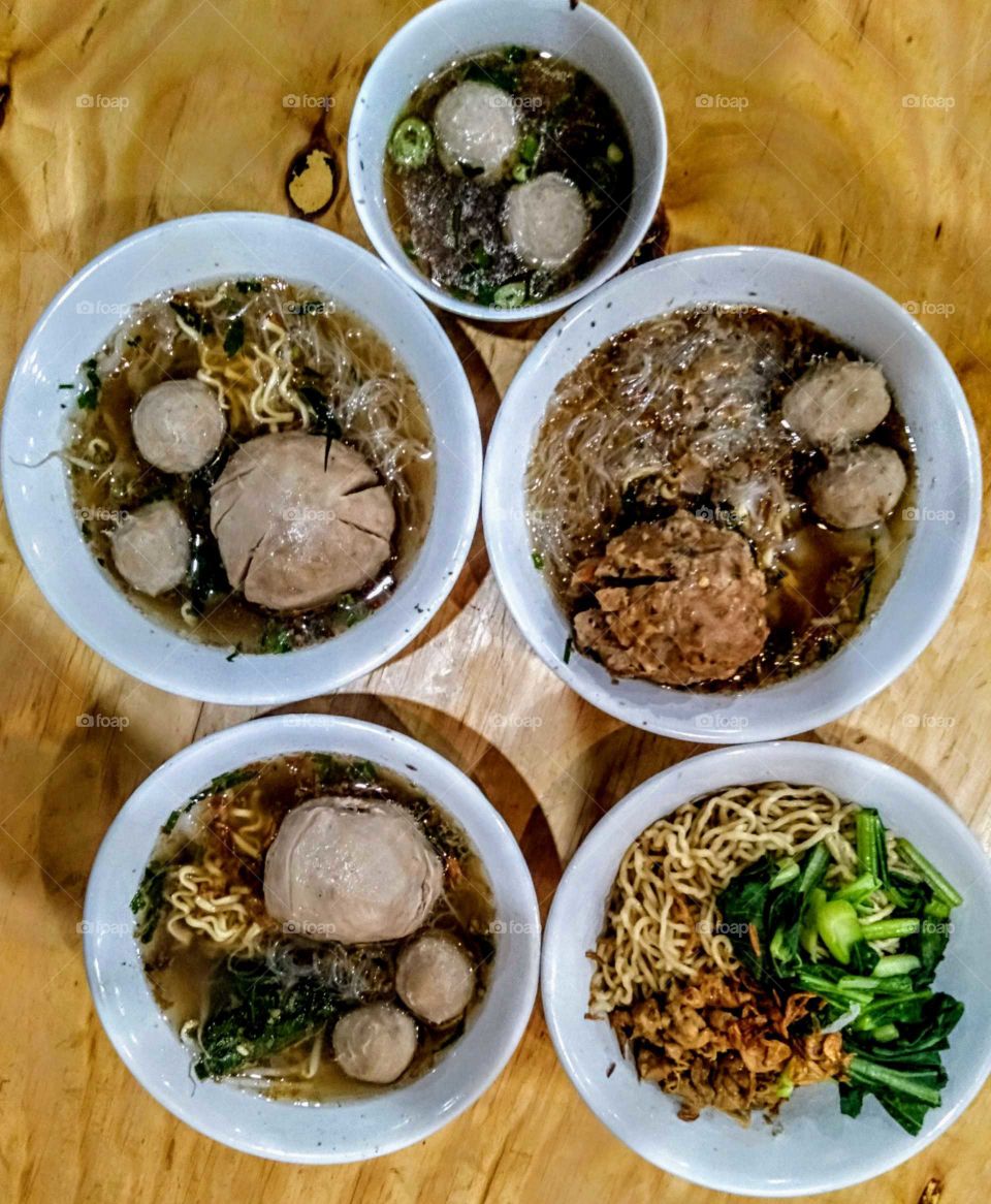 Indonesian Local Food called Bakso (meat ball) & Mie Ayam (chicken noodle).