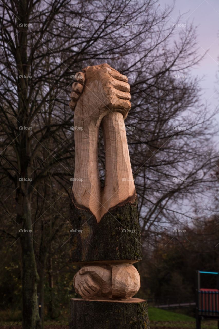 Two hands holding carved out of a tree