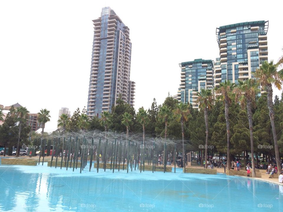 Skyscrapers with water fountains