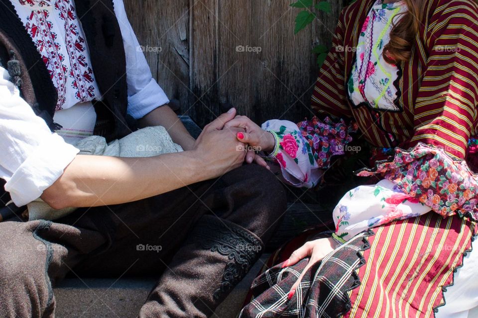 Tenderness Series:Beautiful Happy Couple Young Husband Wife, Dressed in Bulgarian Traditional Clothing (nosiya)