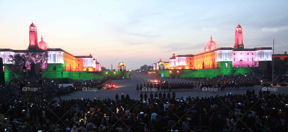 A view of the illuminated Rashtrapti Bhavan, South and North Block during the  beating Retreat ceremony at vijay chowk in New Delhi India