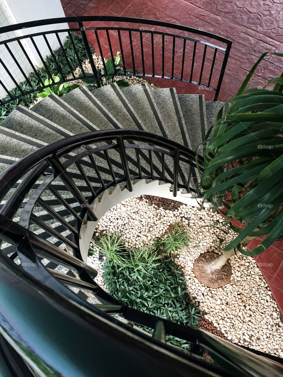 Spiral staircase over internal garden with decorative stones and foliage.