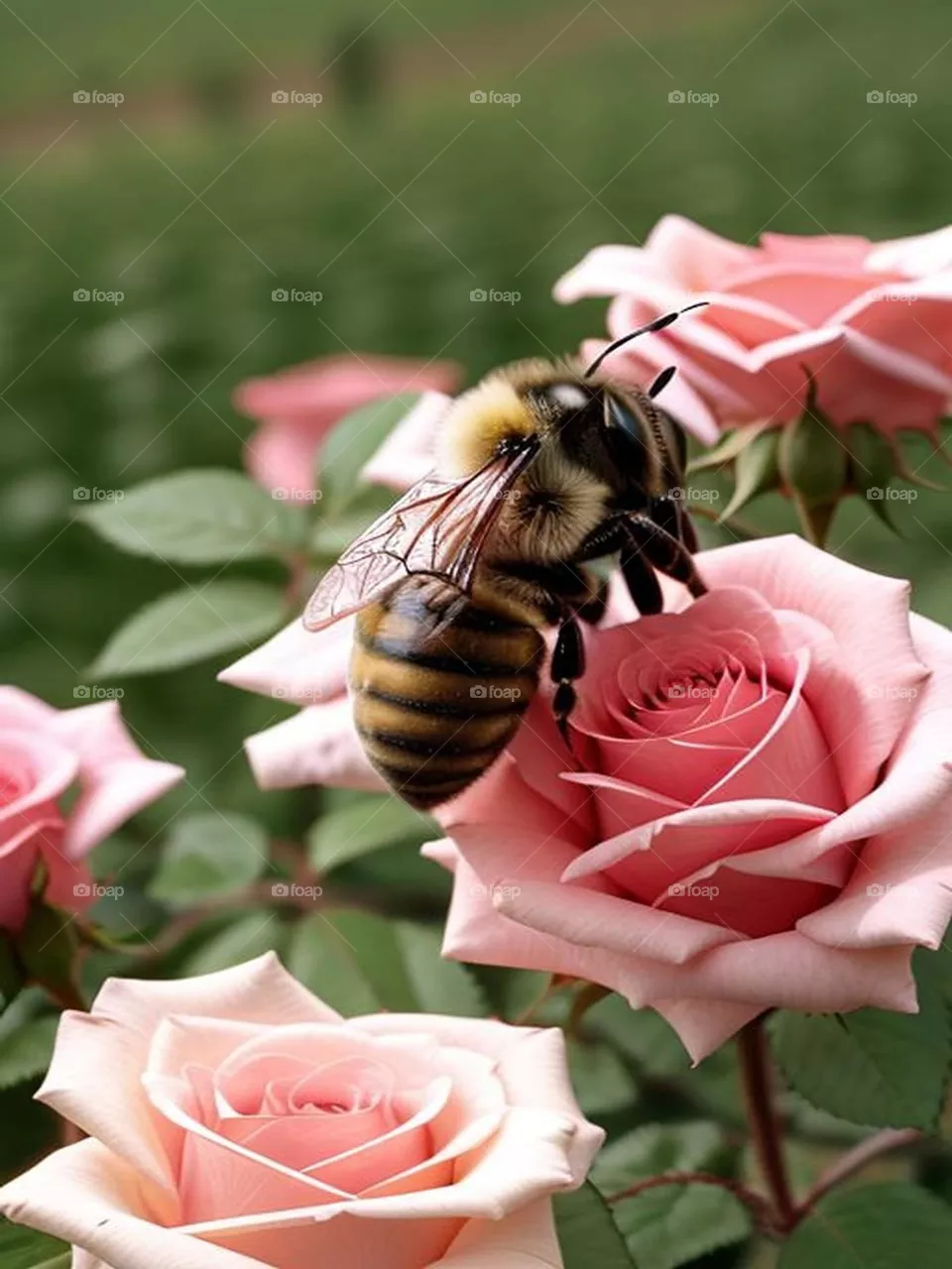 A bee lands on the roses