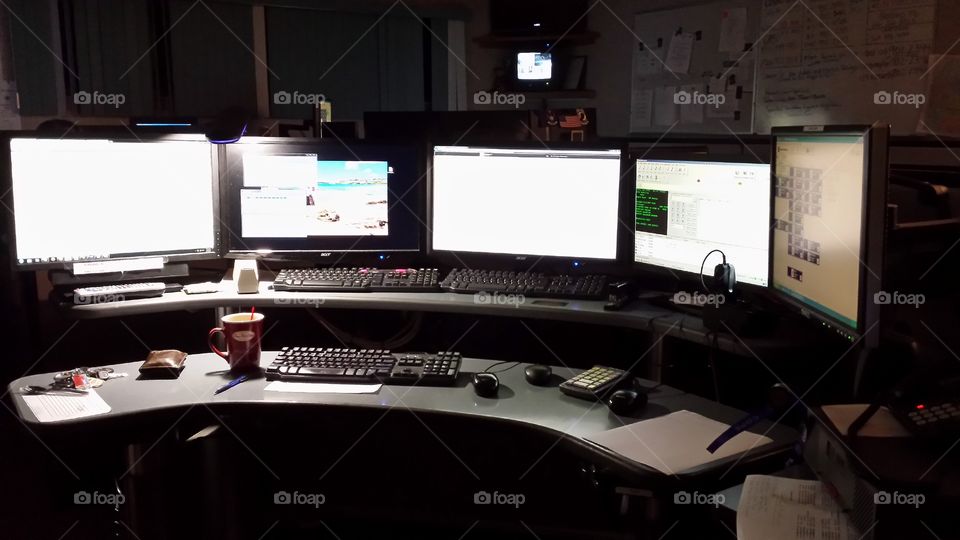 Late Night Dispatcher. This is a photo of my desk at work. 3am in Michigan. 911 dispater.