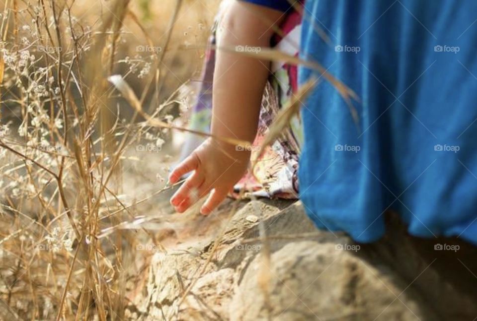 A child’s arm and hand are seen in the grass of a park. 