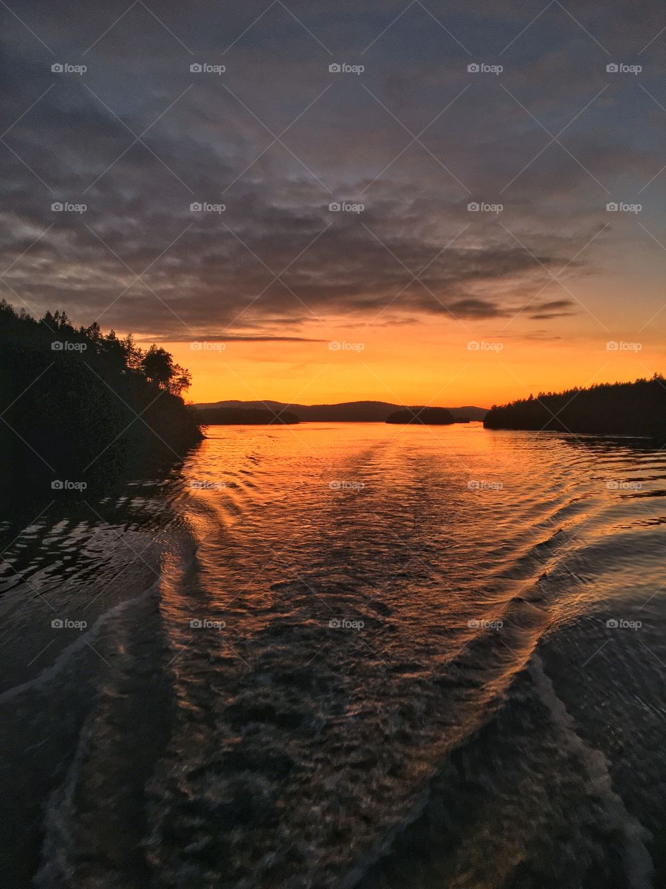 Autumn image shows the transition from Sunset to Night while riding on the San Juan Islands Ferry