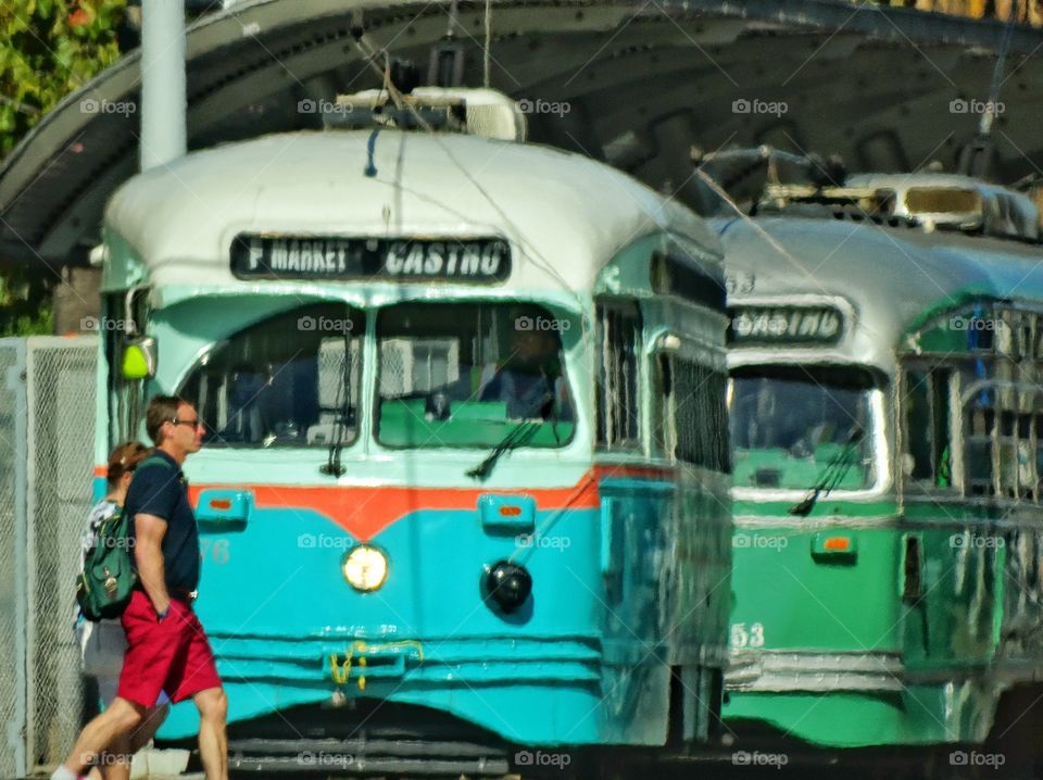San Francisco Vintage City Bus. Colorful Mid-Twentieth Century Vintage Streetcar Restored And Operating In San Francisco
