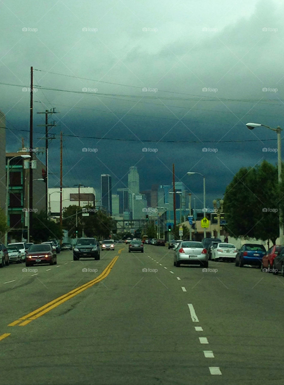 A Gloomy Day. Dark clouds gather behind the LA skyline.