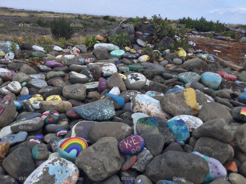 Many Painted Rocks Along the Beach in Seaside, Oregon 