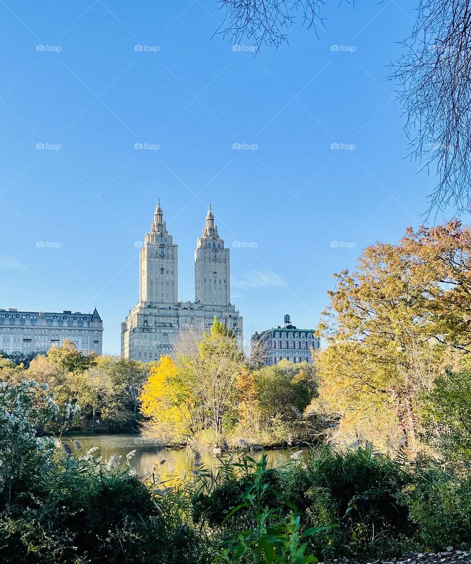 Autumn in New York. A view across the lake towards Central Park South. 