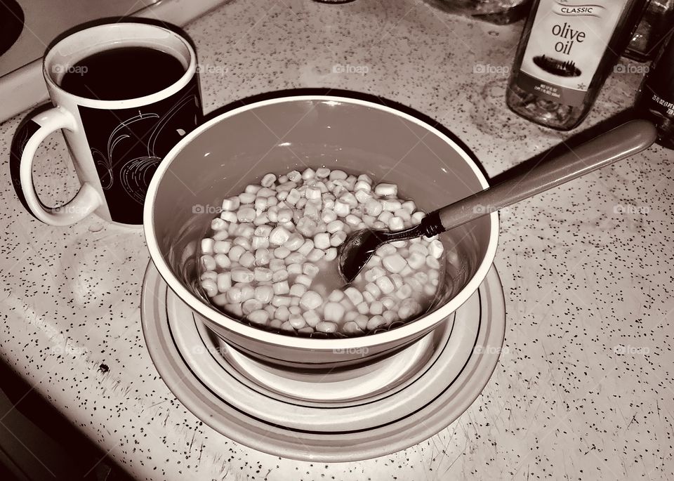 A simple dinner with instant coffee after midnight.