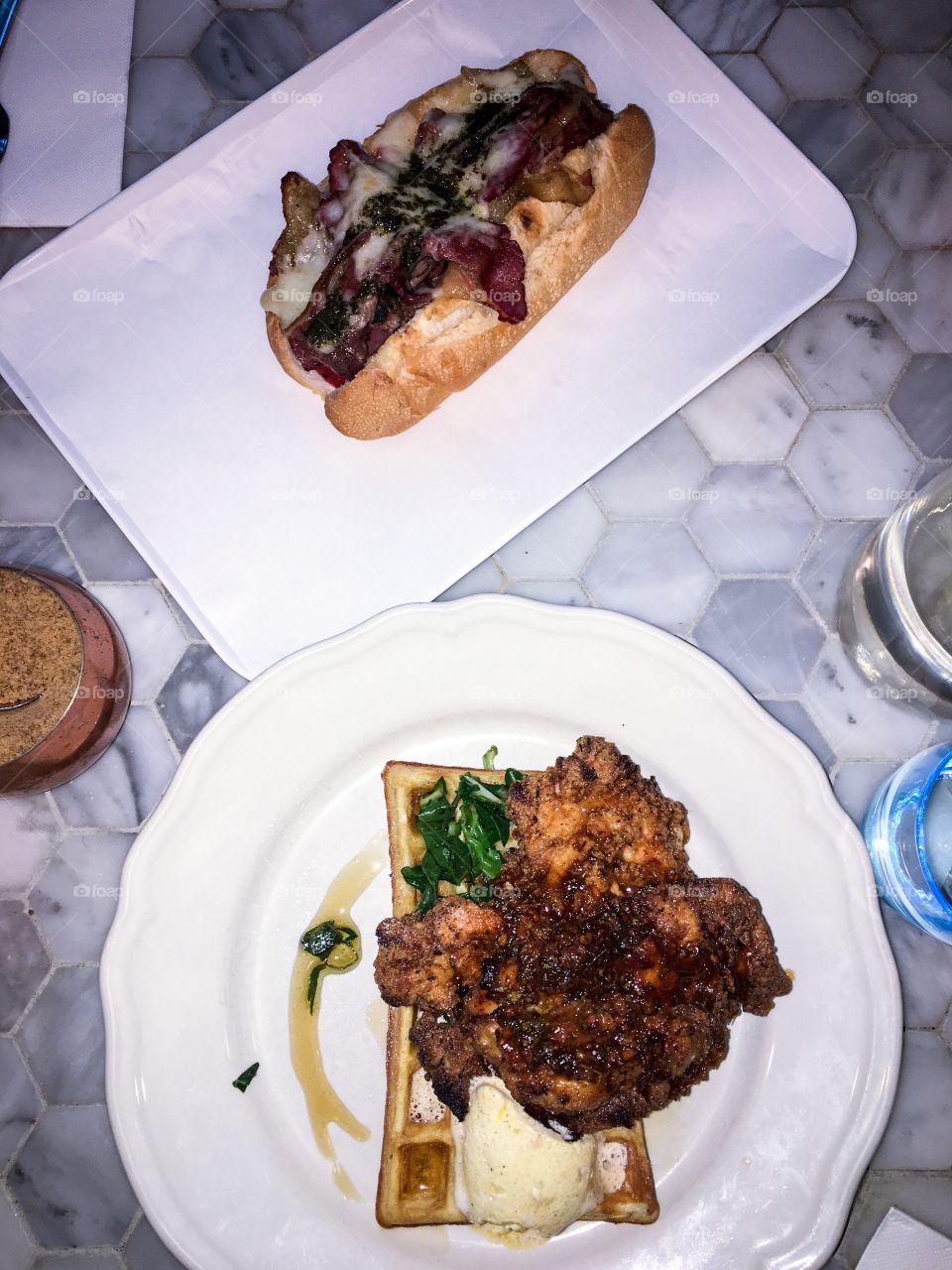 Fried chicken waffles and Philly cheese steak 
