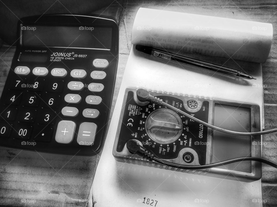 still life, calculator with meter in workshop