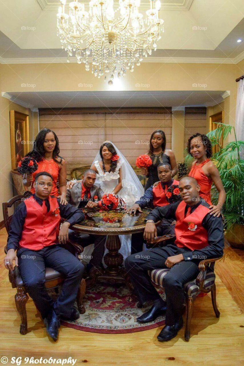 bridal party in red