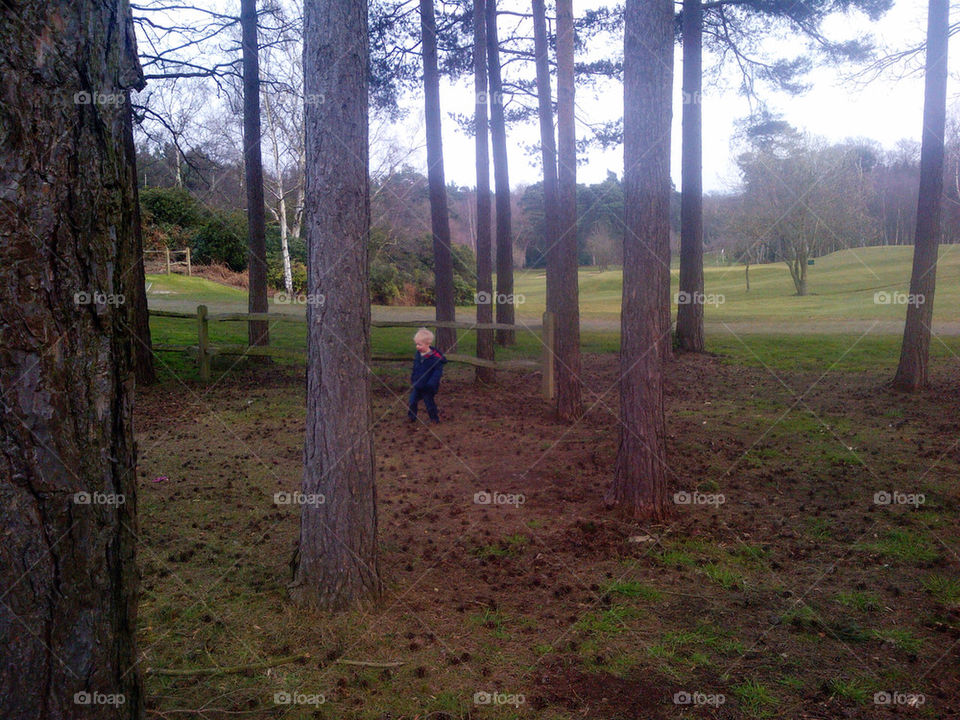 Young boy in english winter woodland.