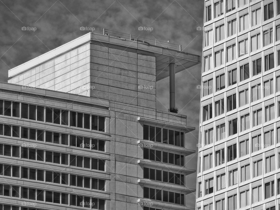 Black And White Architecture. Concrete And Glass High Rise Construction
