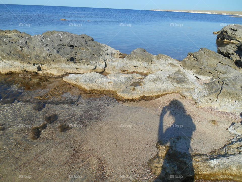 shadows people on the sea shore