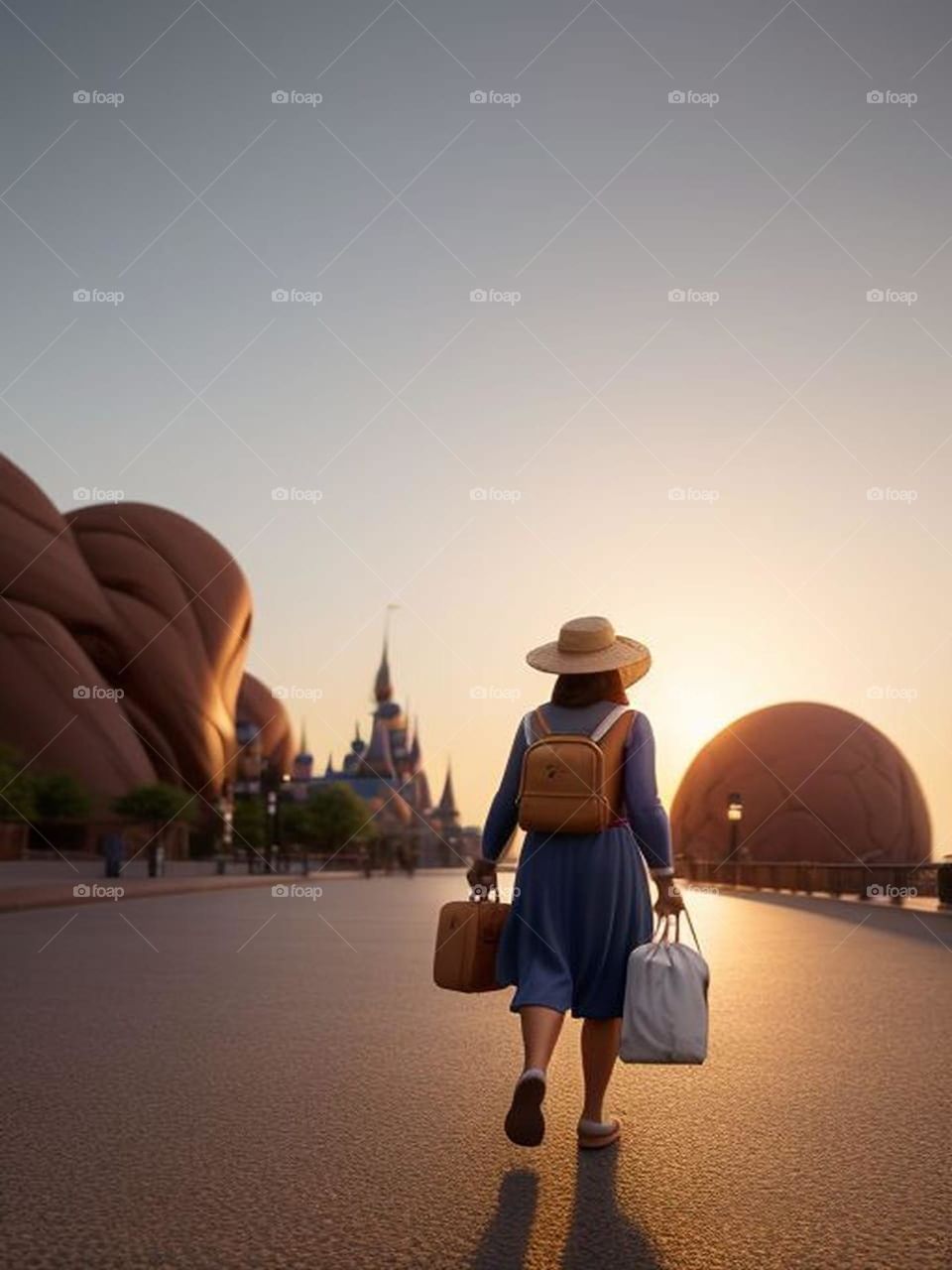 Traveling girl carrying bags at sunset