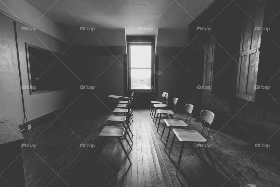 Abandoned Classroom photo in black and white