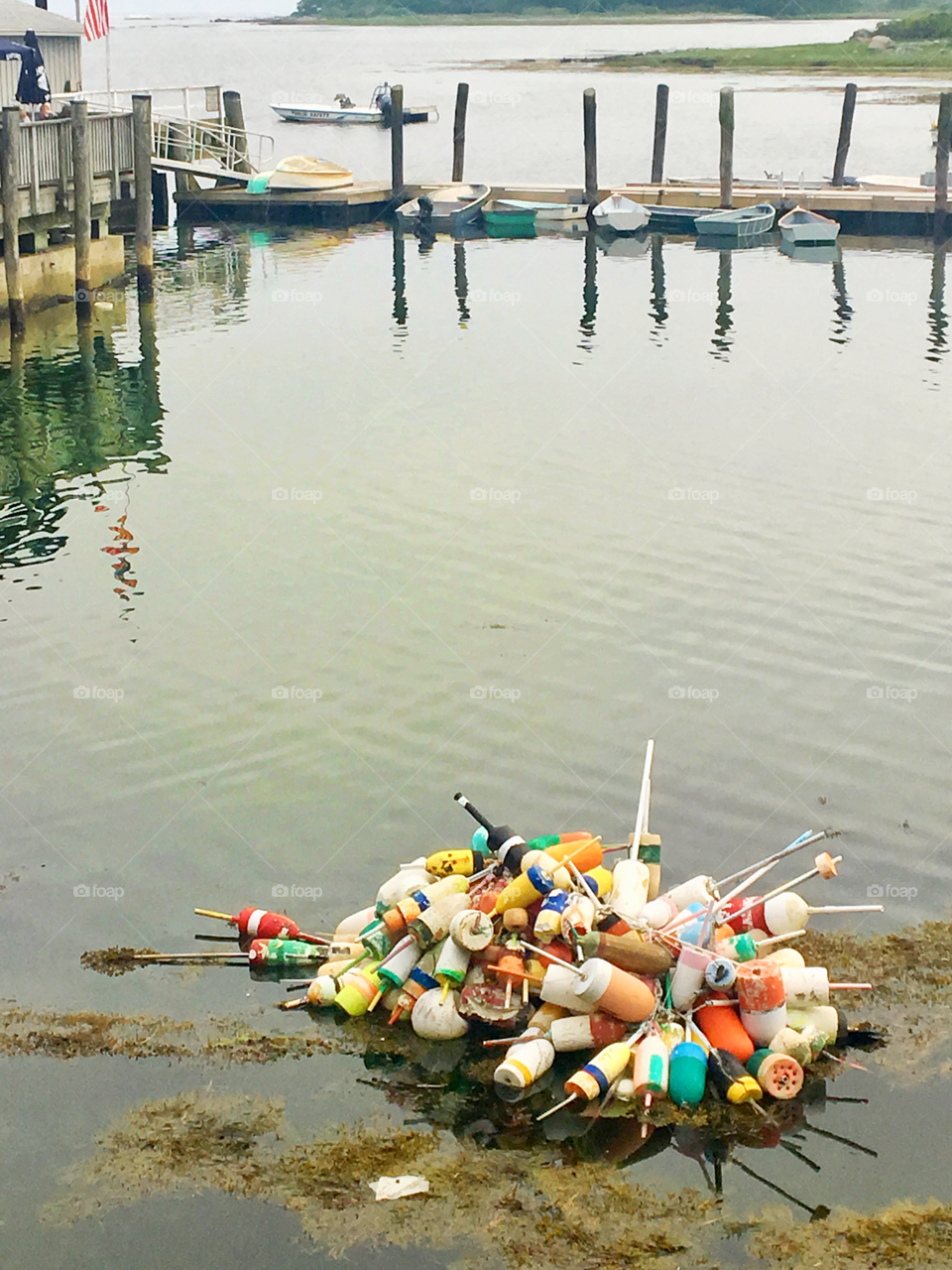 A bouquet of lobster buoys float near the docks on a cool fall morning