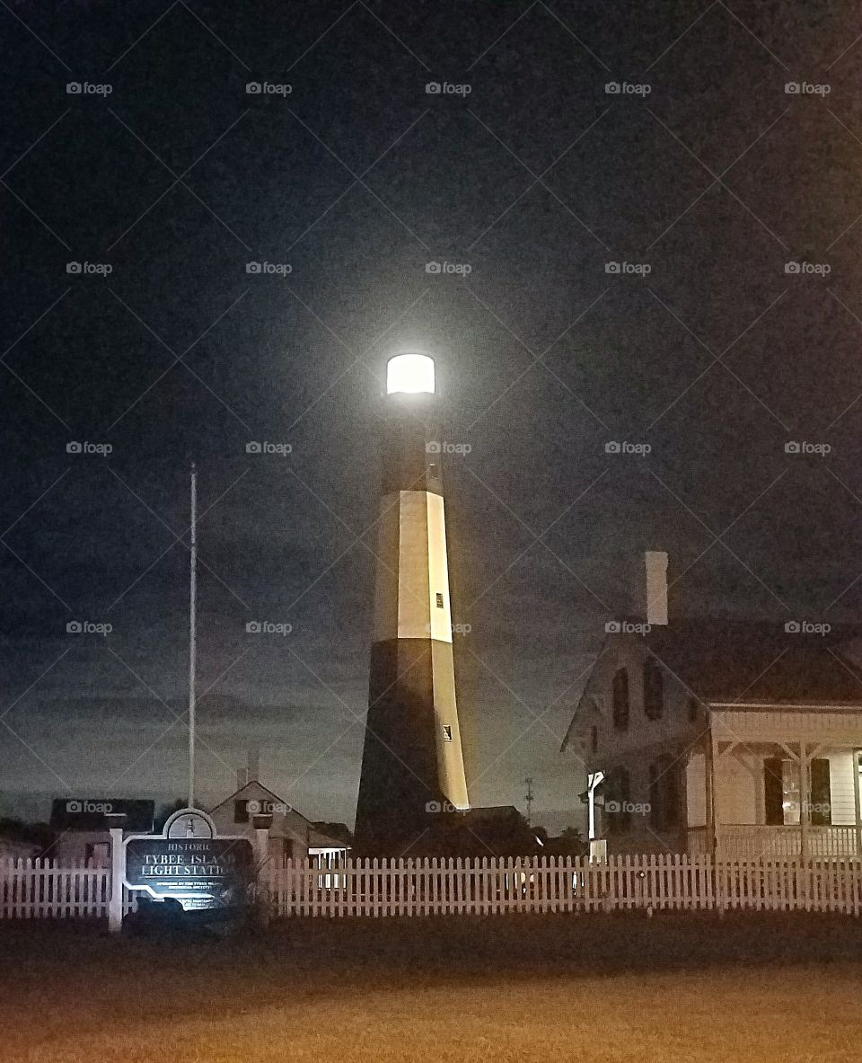 Tybee Island lighthouse at night