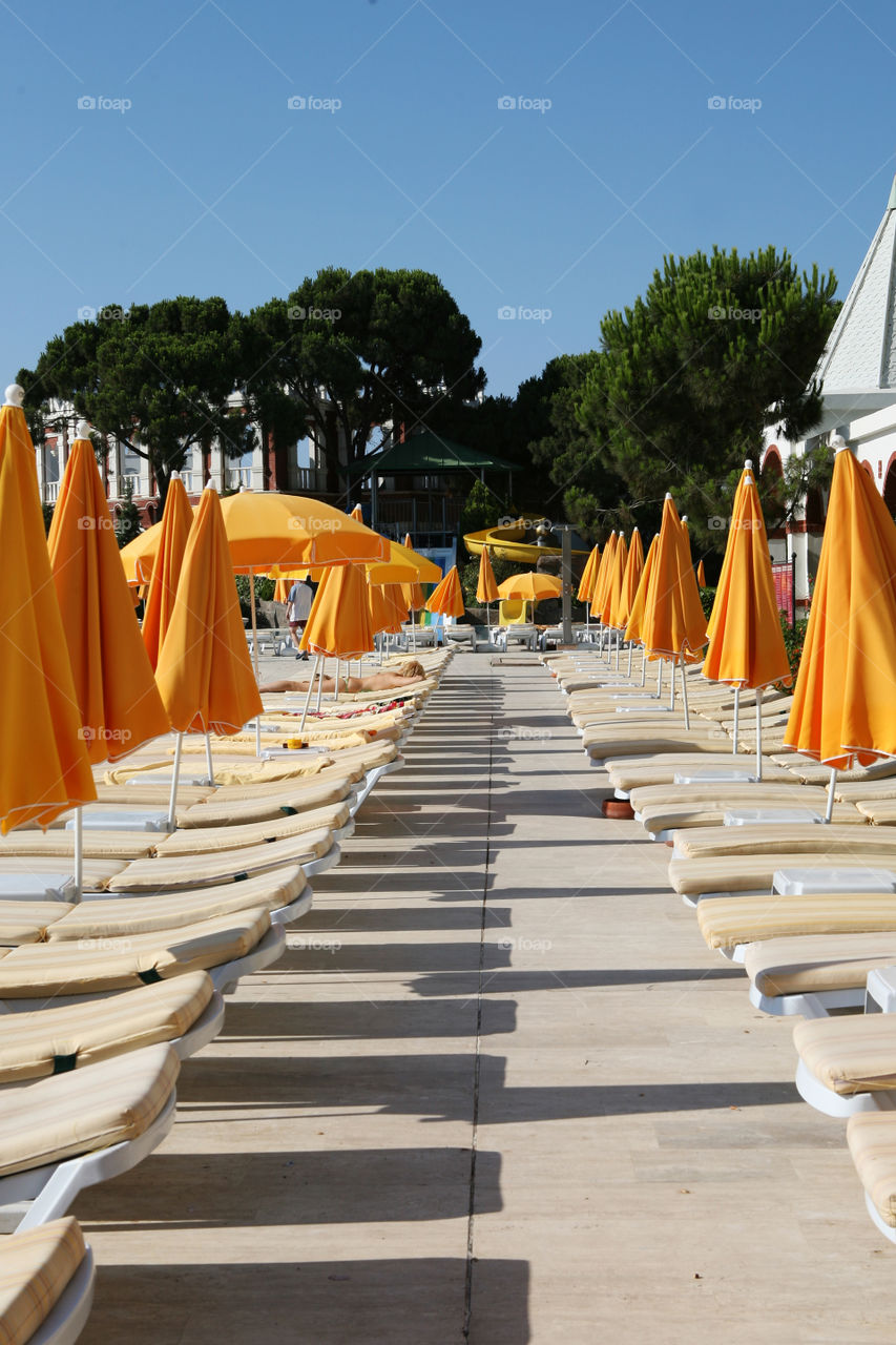 Rows of closed beach umbrellas by sea 