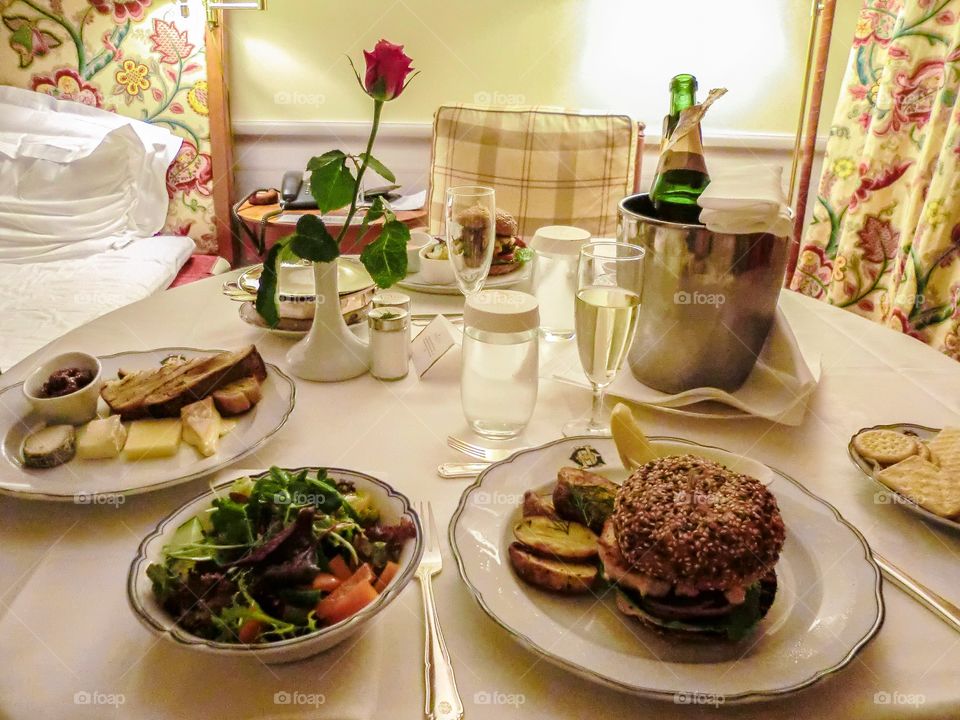 Room service . Home made hamburger at room service