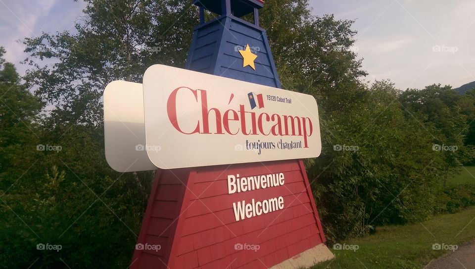 Sign at the entrance to town of Cheticamp, Cape Breton Island, Nova Scotia, Canada